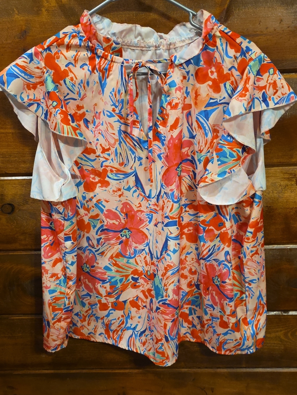 Floral Ruffle Sleeve Women’s Top — Pink/Coral